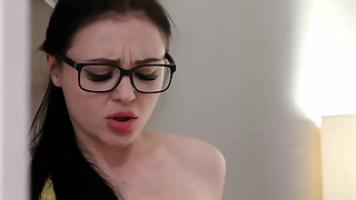 Nerdy girl blows her stepbrother and takes his hard pecker