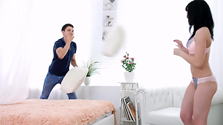 Pillow fight between lovers leads to passionate lovemaking