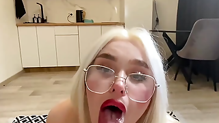 she gives a slobbery blowjob, slaps her ass, swallows dick.