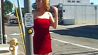 Blonde in red dress gets seduces by older guy so she lets him cumshot